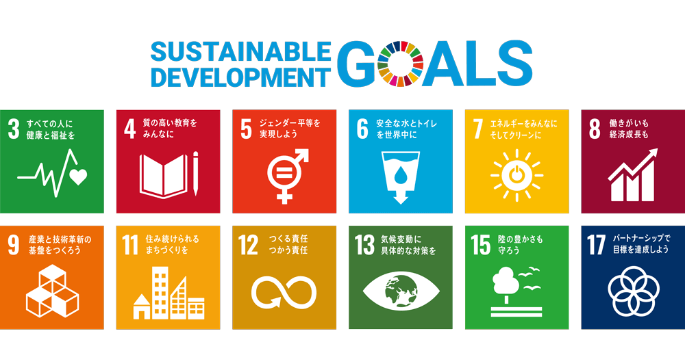 図：Sustainable Development Goals。3．すべての人に健康と福祉を。4．質の高い教育をみんなに。5．ジェンダー平等を実現しよう。6．安全な水とトイレを世界中に。7．エネルギーをみんなに そしてクリーンに。8．働きがいも経済成長も。9．産業と技術革新の基盤をつくろう。11．住み続けられるまちづくりを。12．つくる責任 つかう責任。13．気候変動に具体的な対策を。15．陸の豊かさも守ろう。17．パートナーシップで目標を達成しよう